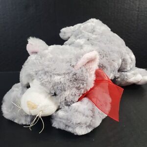 Best Made Toys Gray Cat Plush Crouching Stuffed Animal 10" Long Red Sheer Bow